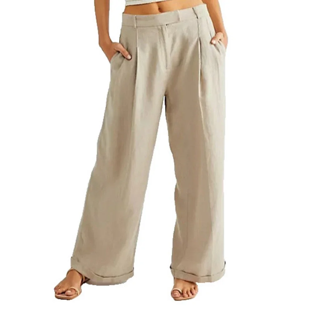 Free People Lyla 100 % Linen Wide Leg Pants In Sand Size 8 NWT